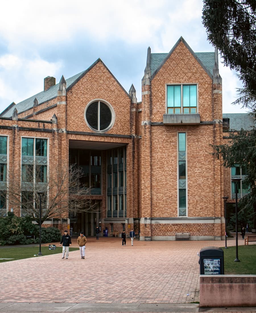 Students walking across a university campus plaza
